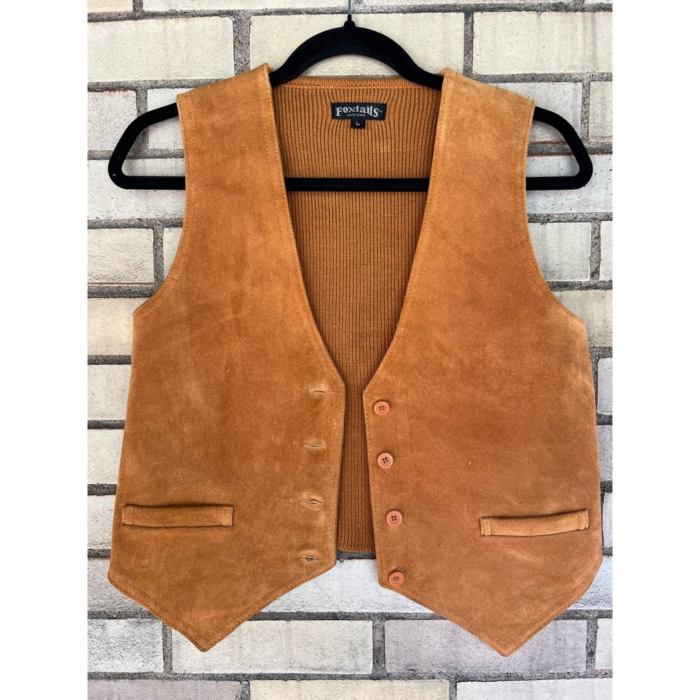 Vintage Foxtails Juniors Tan Suede Leather Button Front Vest Ribbed Knit Large